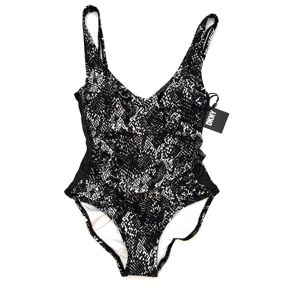 DKNY Snakeskin Print One Piece Swimsuit Ruched Mesh Black White Size 4 - Picture 4 of 7